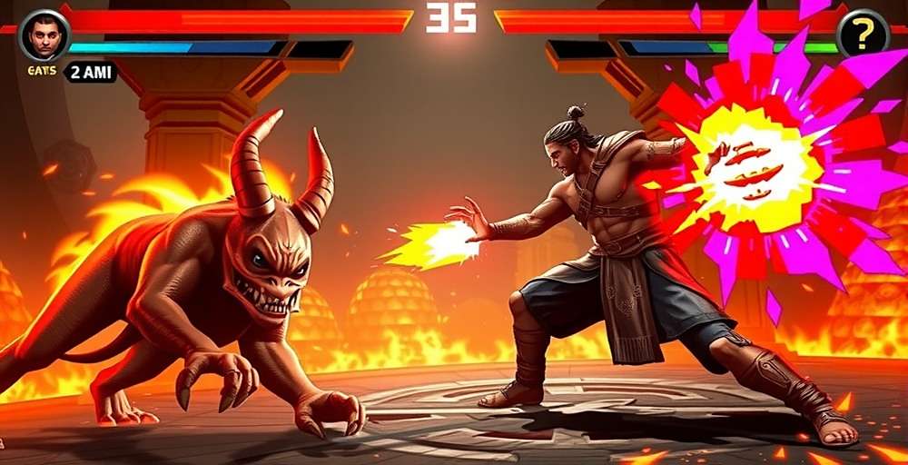 Ponda Predators Battle Gameplay Ponda Predators gameplay screenshot showing an epic battle between Arjuna and a mythical demon with special abilities