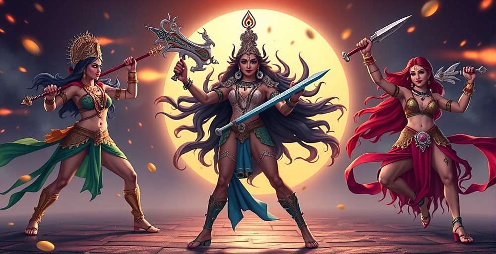 Ponda Predators Divine Goddesses Ponda Predators goddess characters showing Durga, Kali, and Parvati in battle poses with their divine weapons