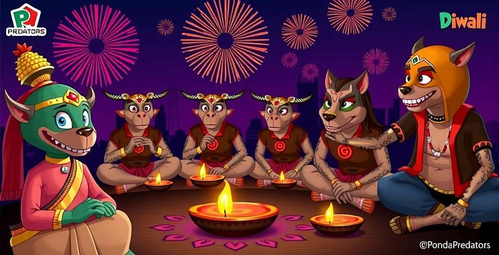 Ponda Predators Diwali Celebration Ponda Predators Diwali event showing characters celebrating with fireworks and traditional lamps
